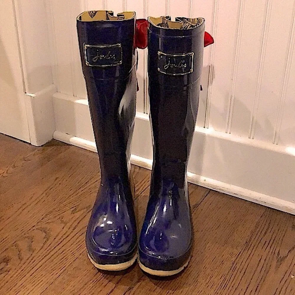 JOULES Navy Blue Tall Rain Boots with Red Bow and Toile Lining Size 9 - Picture 13 of 13